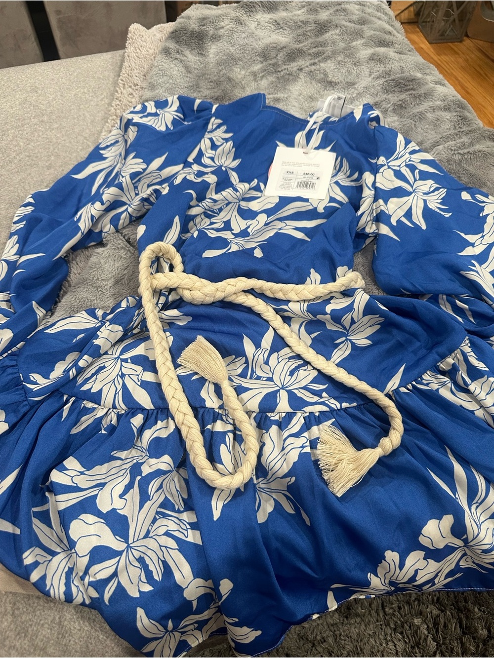 Target Blue Floral Dress with Cream Rope Belt